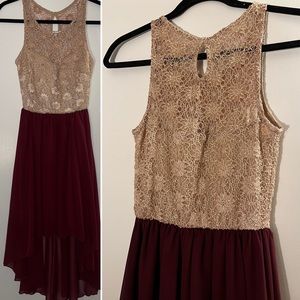 Champagne gold lace & merlot high low dress